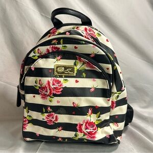 Betsey Johnson Mini Backpack Black And White Stripe Pink Flower